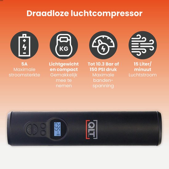 QLT Wireless Air Compressor mit LED-Beleuchtung - Elektrische Pumpe - Inklusive USB-Ladekabel und 4 Aufsätze - 10,3 Bar - LCD-Display - Schwarz