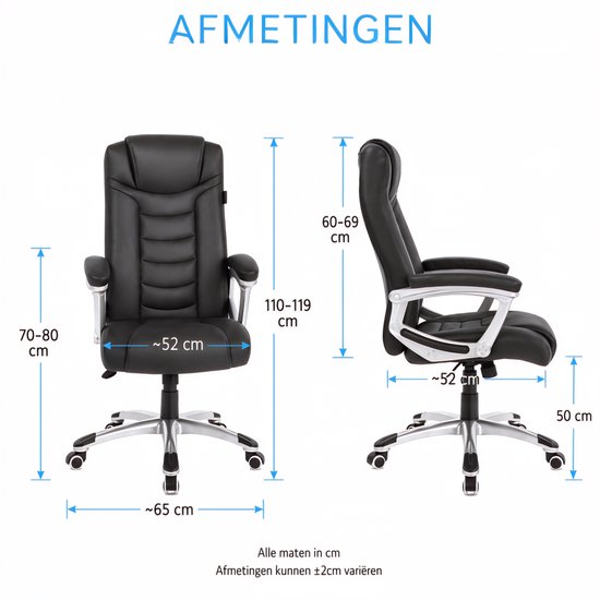 Monza Home® Bürostuhl Schwarz – Ergonomischer Bürostuhl – PU-Leder – Verstellbar – 150 kg Tragkraft – Luxuriöser Chefsessel