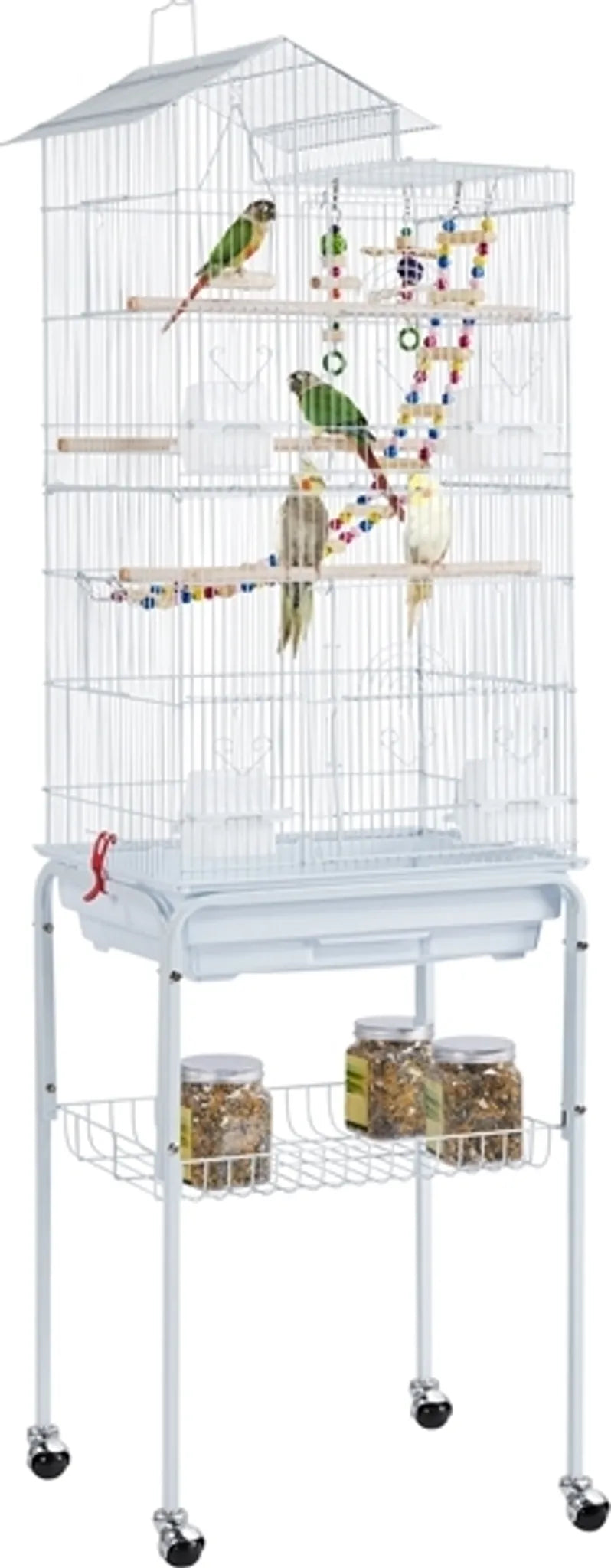 Yaheetech Vogelkäfig mit fahrbarem Untersatz - ausgestattet mit 10 mm Stangenabstand und herausnehmbarer unterer Schublade und inklusive Spielzeugset - für Sittiche und Kanarienvögel - weißes pulverbeschichtetes Metall - 46 x 35,5 x 158,5 cm