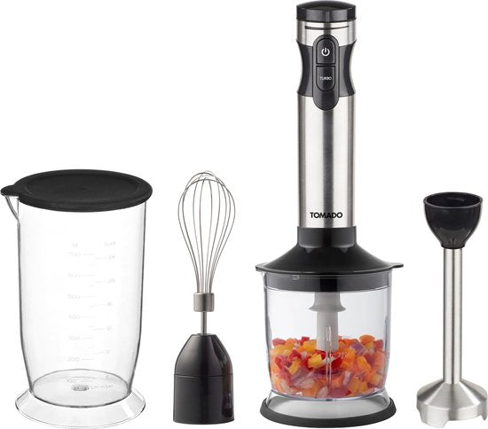 Tomado TSB9001B - Stabmixer-Set - Zerkleinerer und Messbecher - Schneebesen - 1000W - 2 Geschwindigkeiten - Edelstahl