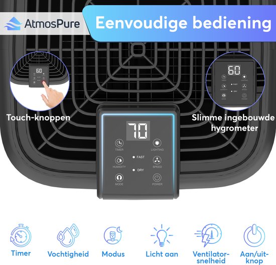 AtmosPure® Luftentfeuchter AirDry Elite – 12 l pro Tag – Wasch- und Trocknungsfunktion – Luftreiniger, ideal für Waschküche, Badezimmer, Wohnzimmer und Keller – Schwarz – Luftentfeuchter