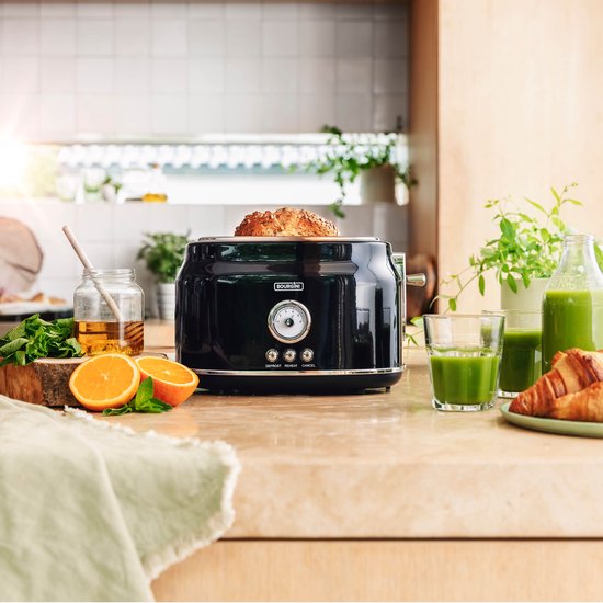 Retro-Toaster – Schwarzer Toaster mit nostalgischem Thermostat – 6 Heizstufen und Auftaufunktion – Praktische Krümelfangschale und extra hoher Brotheber