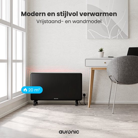 Auronic Konvektorheizung - 2000W - Elektroheizung - 3 Stufen - Metallheizkörper - Freistehend - Räder - Schwarz
