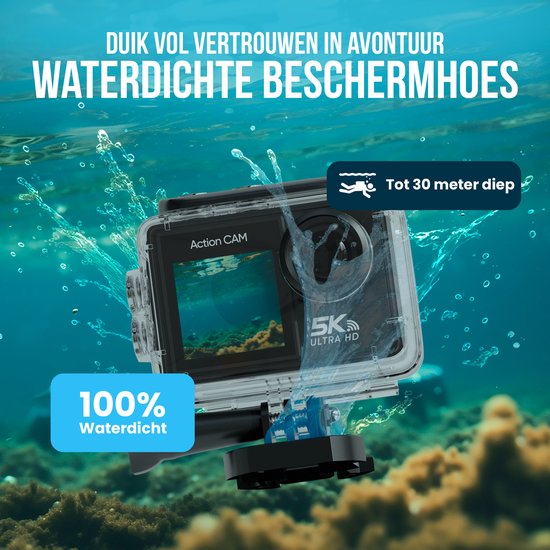 Strex Action Cam - 5K - 50MP - 60FPS - 30M Wasserdicht - WiFi - Touchscreen - Schwarz