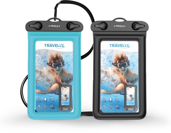 Travelly® Wasserdichte Handytasche 2er-Set - Universelle Unterwassertasche für Smartphone - Geeignet für alle Handys - Drybag - Für Urlaub, Schwimmen & Wassersport - Schwarz/Blau