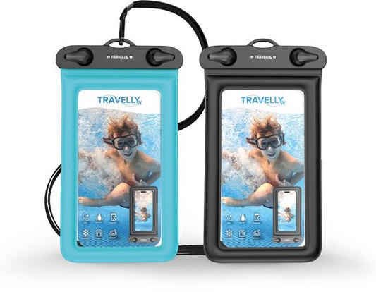Travelly® Wasserdichte Handytasche 2er-Set - Universelle Unterwassertasche für Smartphone - Geeignet für alle Handys - Drybag - Für Urlaub, Schwimmen & Wassersport - Schwarz/Blau