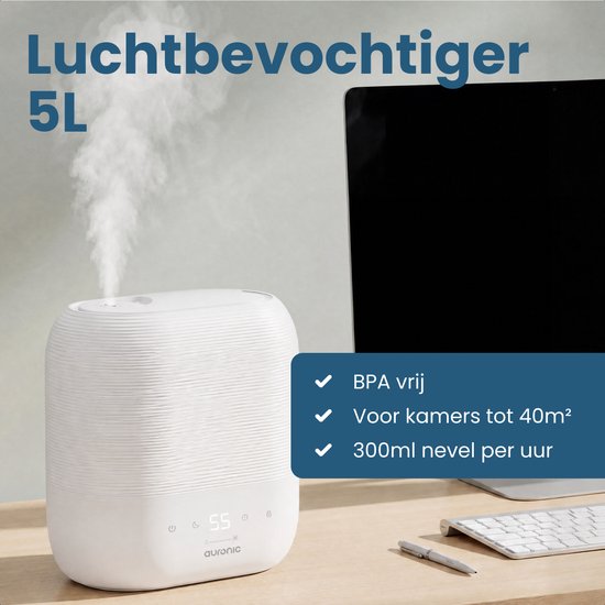 Auronic Luftbefeuchter – 5 l – Geeignet für Schlafzimmer, Babyzimmer, Büro, Wohnzimmer und mehr – Luftbefeuchter – BPA-frei – Weiß