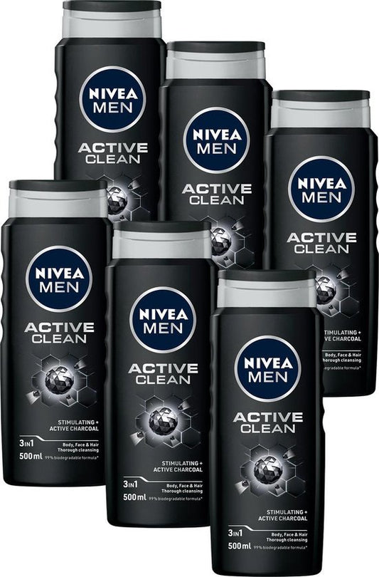 NIVEA MEN Active Clean Duschgel - 3-in-1 Duschgel mit natürlicher Aktivkohle - Shampoo - Fertigpackung - 6 x 500 ml