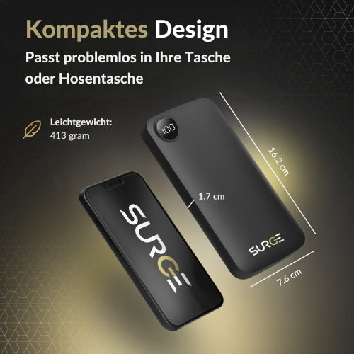 Surge Powerbank - 20.000mAh - 22,5W Schnellladegerät - 2x USB-C & 1x USB-A - 14,5 x 6,8 x 2,9 cm - Schwarz