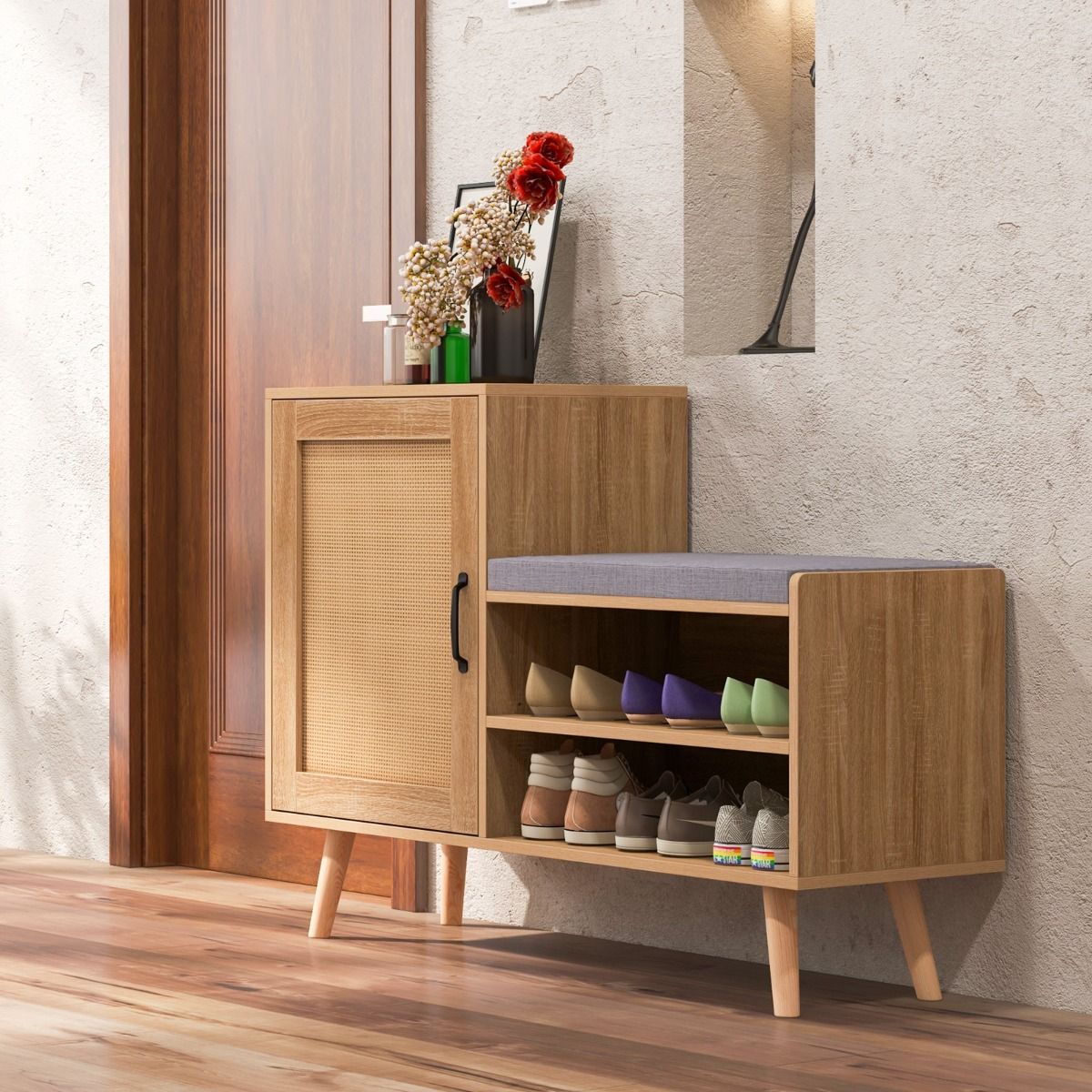 Coast Rattan-Schuhschrank mit Bank 2-in-1 - Natur, 105 x 35 x 76 cm, 3 verstellbare Einlegeböden, Kiefernholzbeine