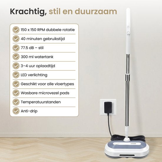Vapore Electric Mop Cordless - 150×150 RPM Dual Rotation - 40 min Batterie - LED-Beleuchtung - Bodenreiniger - Alle harten Böden - Leise 77,5 dB - Wischsystem mit Spray