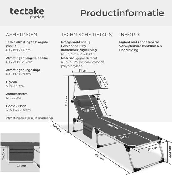 tectake® Liege Aurelie mit Sonnendach und Kissen - Liege - Sonnenliege - Klappbare Balkonliege aus Aluminium - Wetterfeste Gartenliege für Garten, Balkon, Camping und Strand - Verstellbare Rückenlehne mit Kissen - Anthrazit