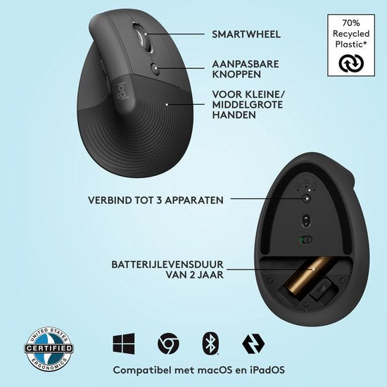 Logitech Lift – Vertikale ergonomische Maus – Für Rechtshänder – Dunkelgrau