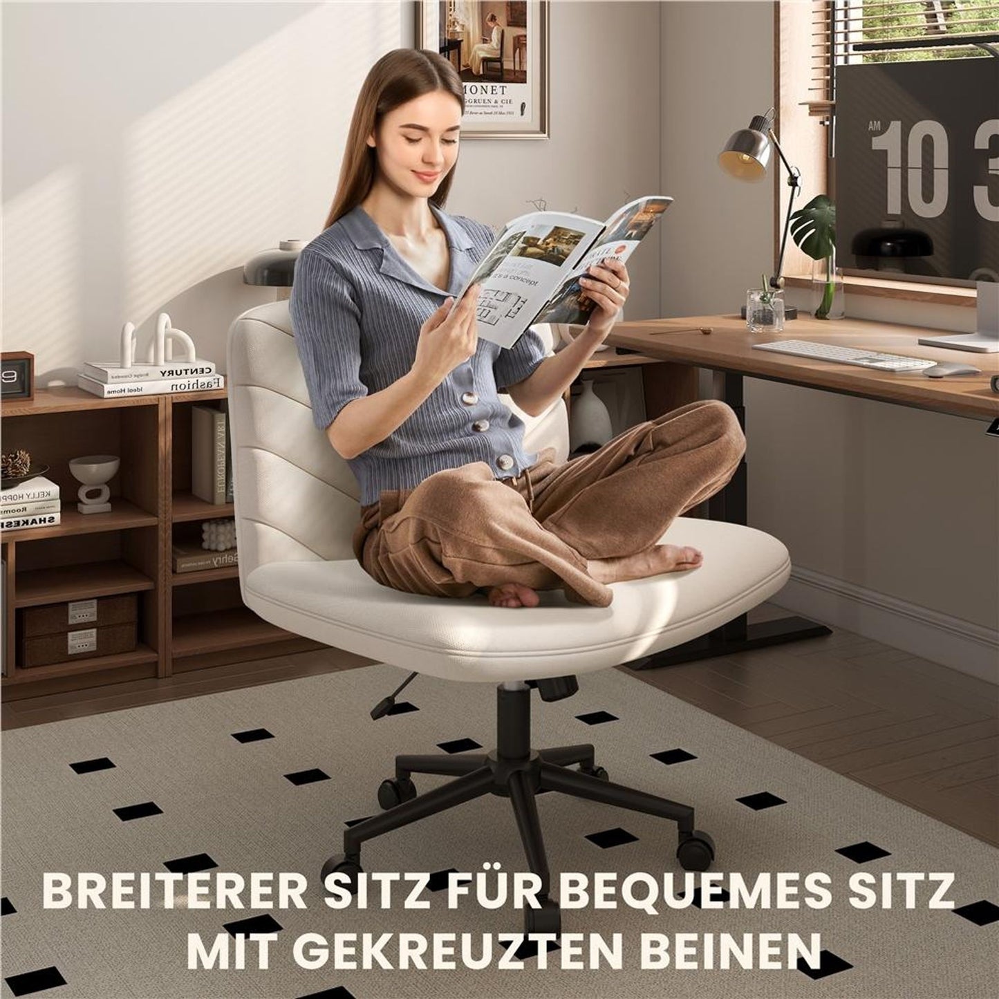 Yaheetech Bürostuhl mit breiter Sitzfläche – Ergonomischer Drehstuhl mit Rückenlehne – Höhenverstellbar – 66 x 64,5 x 82–91,5 cm – Beige