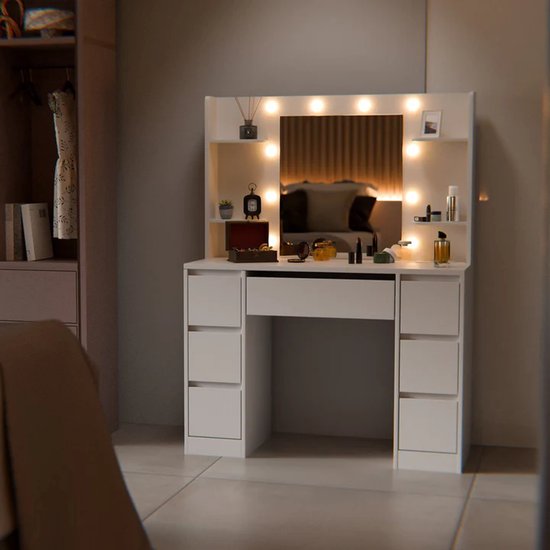 Malia Frisiertisch / Schminktisch - Inkl. Spiegel und LED - Weiß