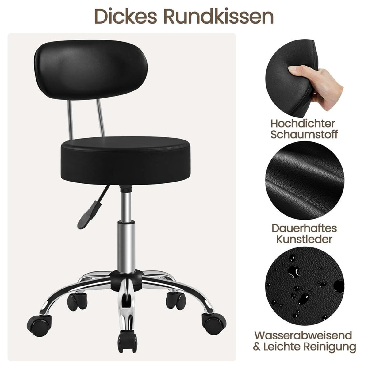 Yaheetech Barhocker Make-up Stuhl - 52 x 44,5 x 75,5-85 cm - Ausgestattet mit 10 cm dicken Sitzkissen und 360° Drehung und verchromtem Metallrahmen - Für Salon und Frisiertisch - Schwarzes Kunstleder und Metall