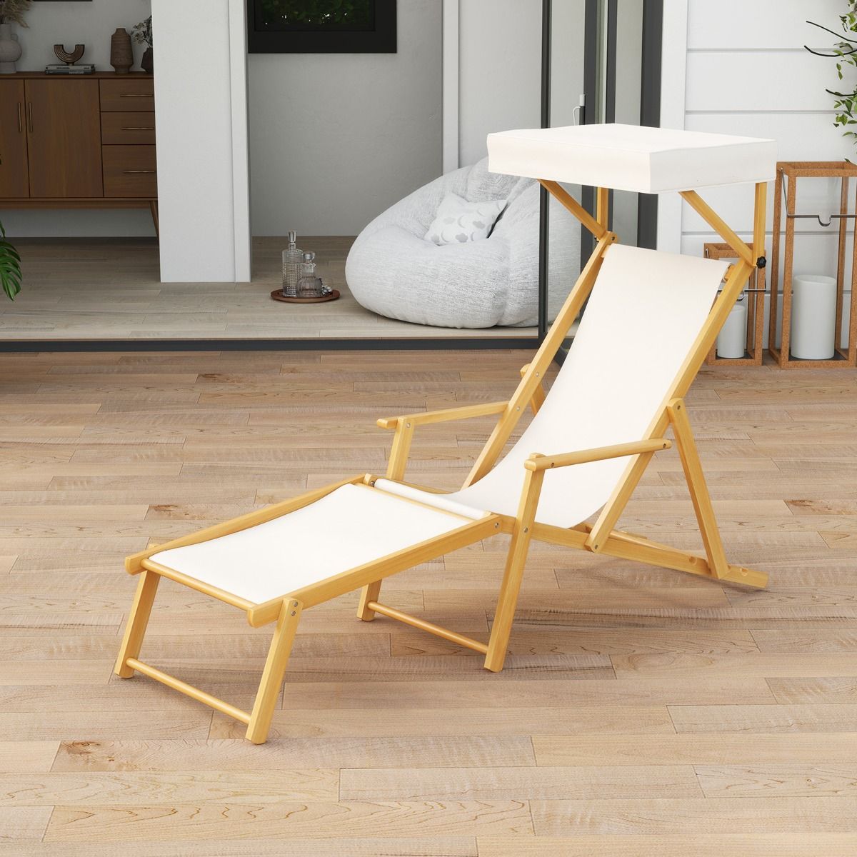 Coast Birchwood Foldable Beach Lounger mit verstellbarem Sonnendach, Rückenlehne und Fußstütze - Beige/Natur - 170x62x140 cm