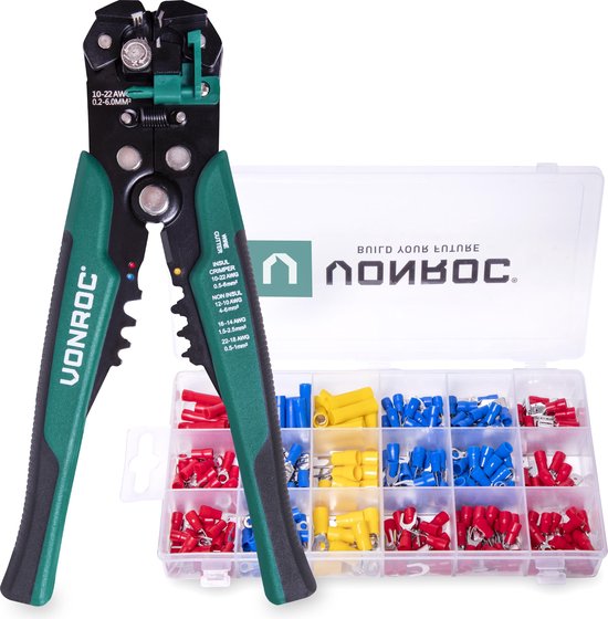 VONROC Professional automatische Abisolierzange - Crimp- und Isolierzange - Mit 270-teiligem Zubehörsatz