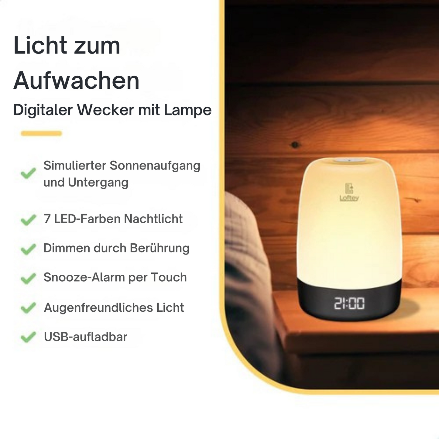 Loftey - Lichtwecker - 5 Naturgeräusche - Snooze-Funktion - Weiß