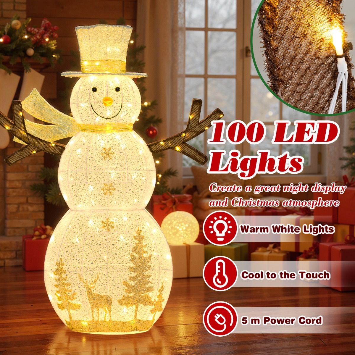 Coast LED-Schneemann-Weihnachtsdekoration – 100 warmweiße LED-Lämpchen – 141 cm hoch – mit Hut und Schal – weiß