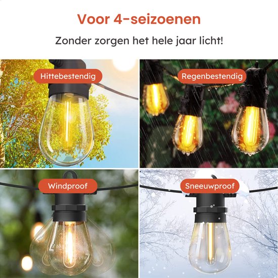 Partizzle 15m LED-Lichterkette für den Außenbereich - Terrassen- und Camping-Gartenbeleuchtung - Lichtergirlande - Weihnachtsbeleuchtung - Wasserdichte Lichtergirlande - 2700K / Warmweiß