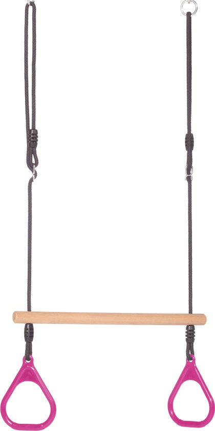 Würfel - Ringtrapez aus Holz mit Kunststoffringen Rosa - Schwarzes geflochtenes Seil