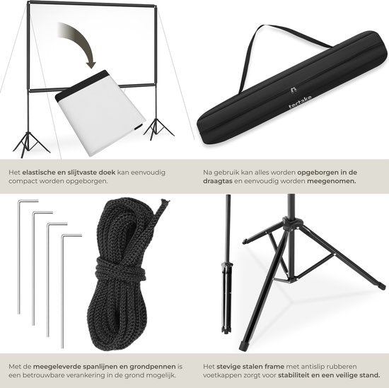 tectake® Beamer Leinwand - 120 Zoll (305 cm) - 16:9 Projektionswand mit Doppelstativ - 4K HD - aufrollbar - ausziehbar - Projektionstuch - Präsentationswand - Heimkino - inklusive Tragetasche