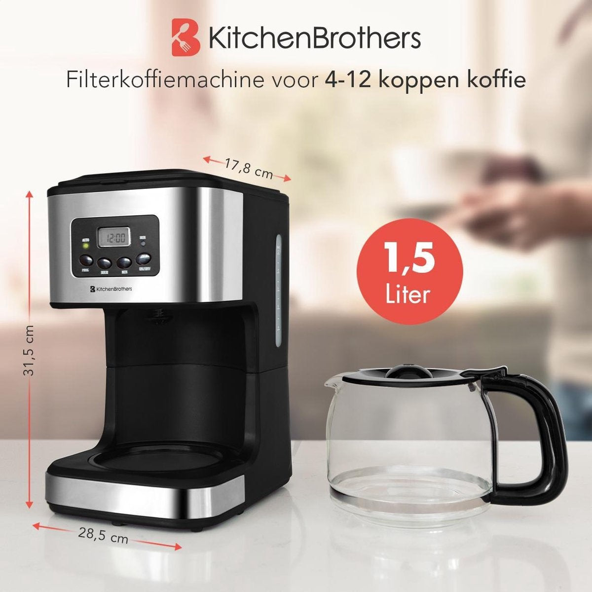 KitchenBrothers Kaffeemaschine - Filterkaffee - mit Glaskanne - 12 Tassen - Schwarz/RSF