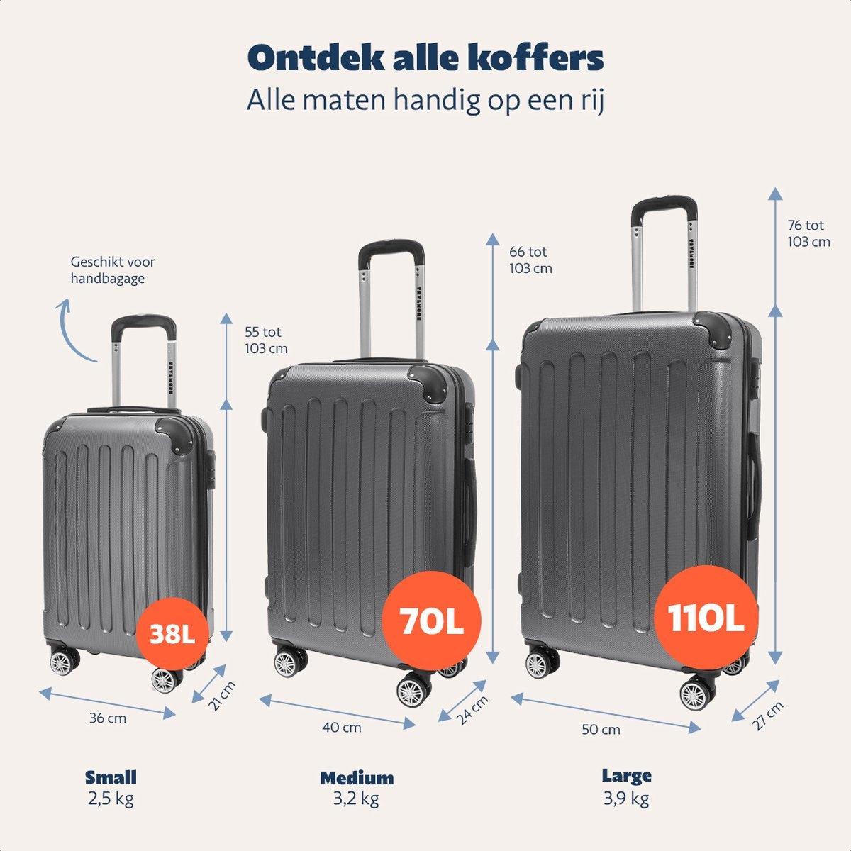 TRVLMORE - Kofferset - 3 Stück - 38L (Handgepäck) + 70L + 110L - Dunkelgrau