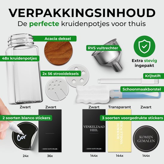 Soothe 48 Glasgewürzdosen quadratisch mit Akaziendeckel - 2 Arten von Streudeckeln - Gewürzstreuer - Gewürzdosen - Komplettset inkl. Gewürzsticker, Kreidestift und Zubehör - 120ml