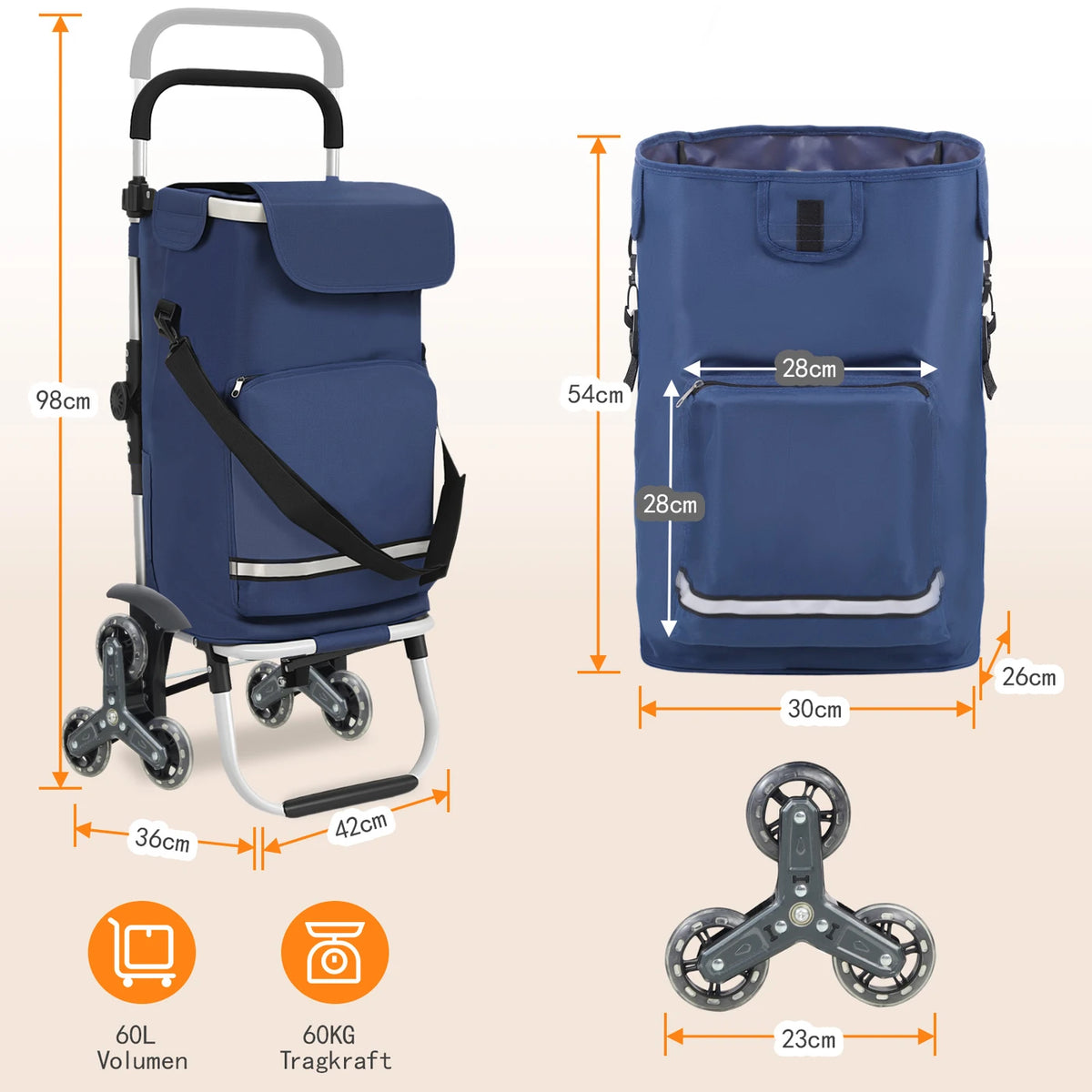 Zusammenklappbarer Einkaufswagen „Traploper“ 60 l – 3-in-1 mit Kühlfach und 6 Rädern – Aluminiumrahmen – Blau – 36 x 42 x 98 cm