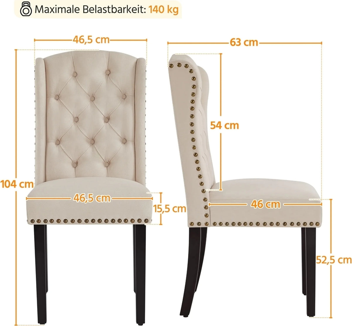 Esszimmerstühle, 2er-Set, Vintage, gepolstert, mit Holzbeinen und Ziernägeln, beige
