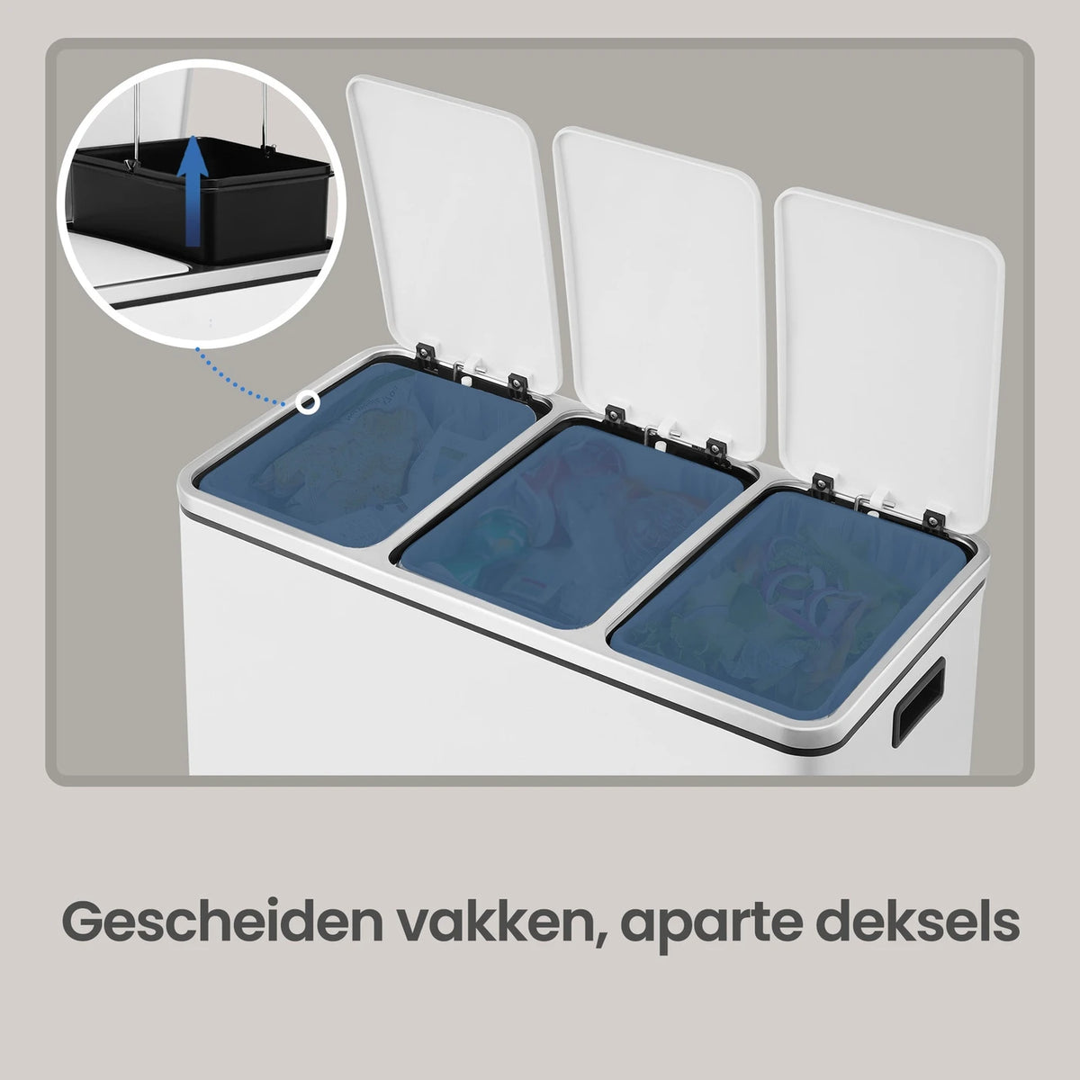 Joyfurnos Küchenabfalleimer 3x18 l – Mülltrennung mit Pedal – Soft-Close-Deckel – 61 x 31,5 x 55,5 cm – Weiß