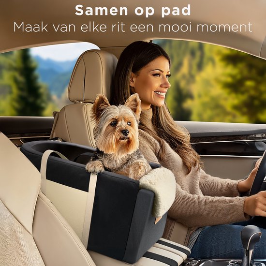 CozySense® Hundeautositz - Hundekorb Auto mit waschbarem Bezug - Für kleine Hunde - Passt in die Mittelkonsole - Auch als Tragetasche - Schwarz/Beige