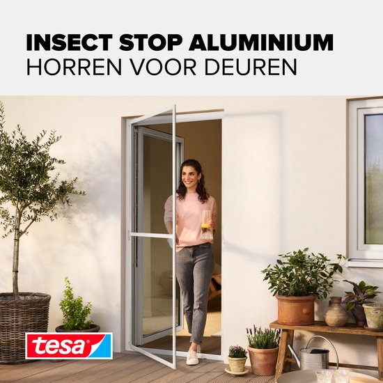 tesa INSECT STOP Aluminium-Fliegengitter für Türrahmen – Fliegengitter mit Aluminiumrahmen, klare Sicht, anthrazit – 100 x 220 cm