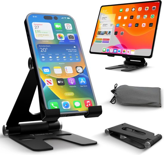 Serve Phone Stand XL - Aluminiumhalterung für Handy & Tablet - Telefonhalterung für den Schreibtisch - Zusammenklappbarer Telefonständer TTH105 - Schwarz