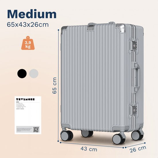 TRVLMORE Premium-Reisekoffer, mittelgroß – 65 x 43 x 26 cm – 360°-Spinner-Rollen – Doppeltes TSA-Zahlenschloss – Polycarbonat – Ohne Reißverschluss – 72 Liter – Silber