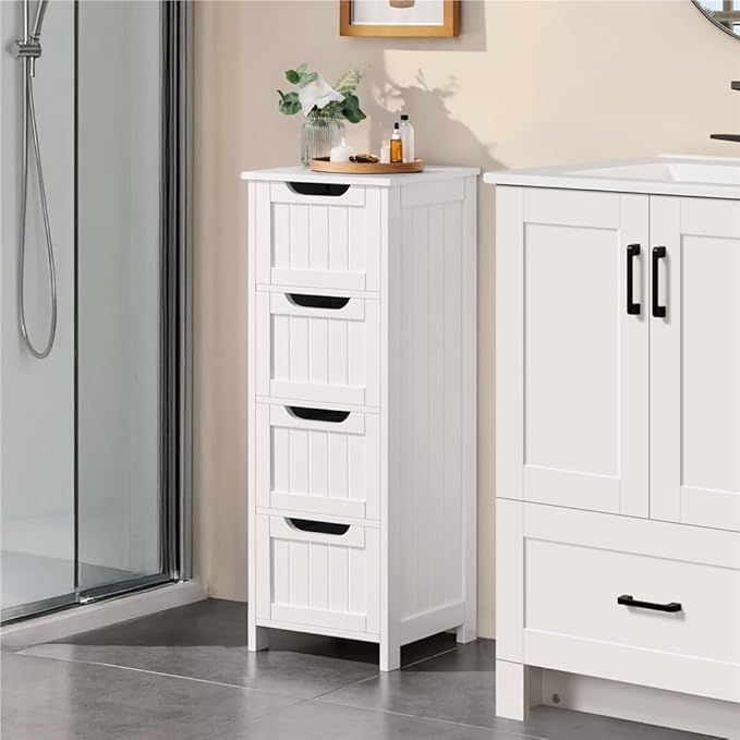 Yaheetech Badezimmerschrank 30 x 30 x 82 cm – Weiß – Standschrank mit 4 Schubladen