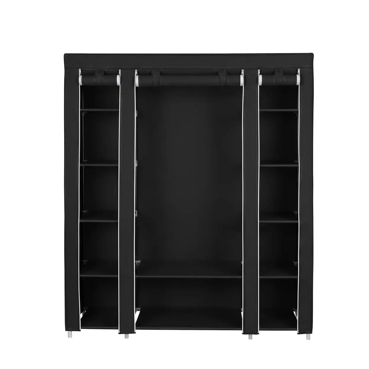 JOYFURNOS Kleiderschrank 150 x 45 x 175 cm – Schwarz – 12 Einlegeböden und Kleiderstange – Aufbewahrungsmöbel für Kleidung aus Stoff