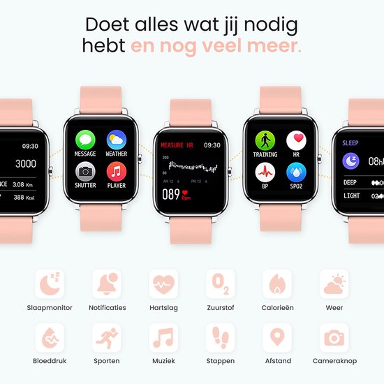 MAOO AMPLIFY Smartwatch - Inkl. Bildschirmschutz - Herzfrequenz, Blutdruck, Blutsättigung, Schlaf, Entfernung - Schrittzähler - Smartwatch Damen - Uhr - Weihnachtsgeschenk - Pink