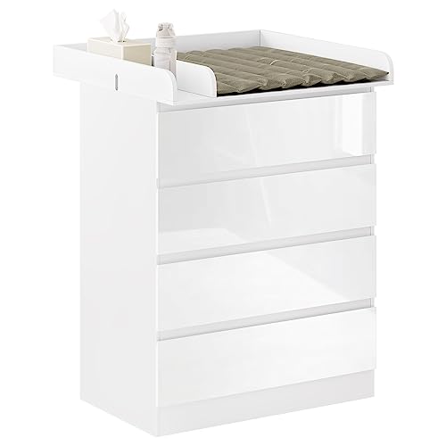 Woltu Kommode mit herausnehmbarer Wickelauflage und 4 Schubladen - Weiß Hochglanz - Höhe 110 cm