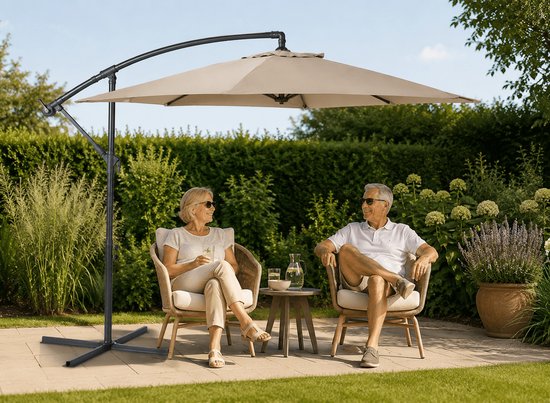 Nexxt Banana Sonnenschirm – Schwebeschirm mit Schutzhülle und Stahl-Kreuzfuß - 3 Meter – Taupe