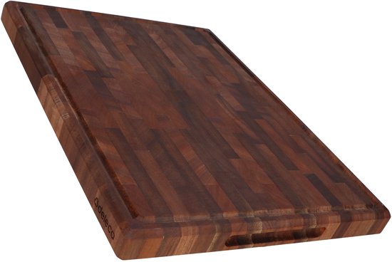 Deleca Nussbaum Kupferholz Schneidebrett - Doppelseitig mit Saftrinne / Griffe - Großes und dickes Schneidebrett - Für Küche, Langlebige Schneidebretter, Servierbrett, Käsebrett, Getränkebrett, Tapasbrett - Nussbaumholz - Ohne Kunststoff - 51x38x3,8 cm
