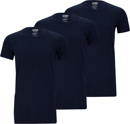 Comfort Essentials – T-Shirts für Herren – Extra lang – Navy - Größe L – 3er-Pack – Rundhalsausschnitt – Unterhemd für Herren