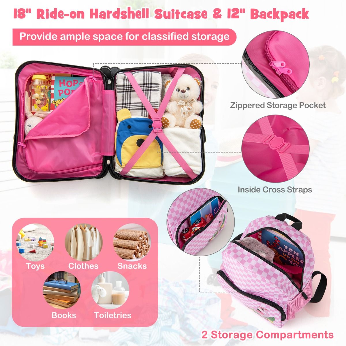 Coast Kinderkoffer- und Rucksack-Set – 4-in-1-Design – Sitzfunktion – Rosa