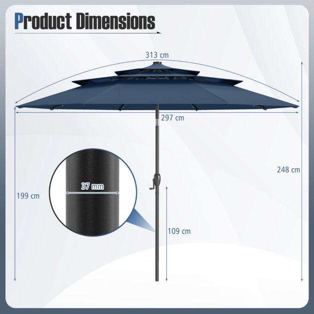 Coast Sonnenschirm mit Solar-LED - 3-lagiger Terrassen-Sonnenschirm Ø313 x 248 cm - Dunkelblau