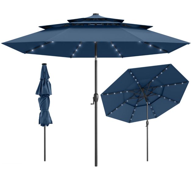 Coast Sonnenschirm mit Solar-LED - 3-lagiger Terrassen-Sonnenschirm Ø313 x 248 cm - Dunkelblau
