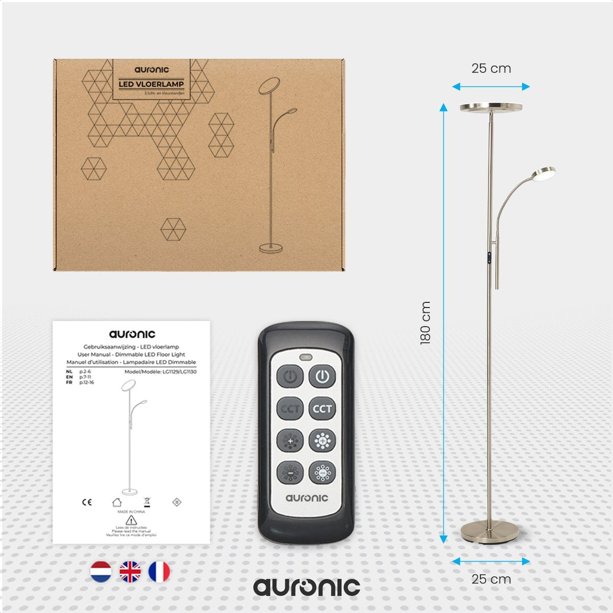 Auronic Stehleuchte - Stehleuchte Industrial - 181cm - LED - Dimmbar und neigbar - mit Fernbedienung - Geeignet für Wohnzimmer - Silber