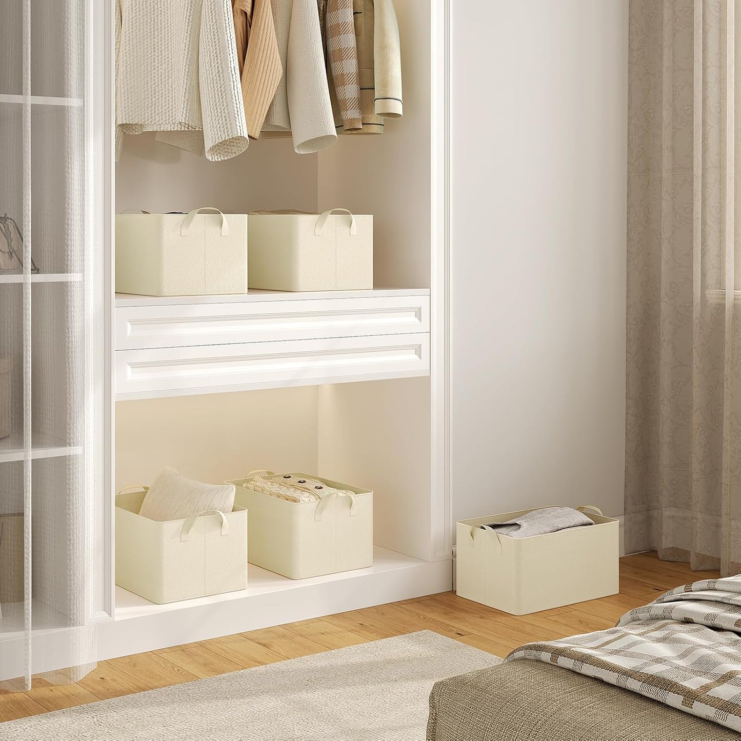Woltu Faltbare Aufbewahrungsboxen 5er Set - Aufbewahrungswürfel aus Stoff mit Griffen - stapelbare Aufbewahrungsboxen für Kleidung und Spielzeug - Creme - 37,5 x 20 x 26 cm
