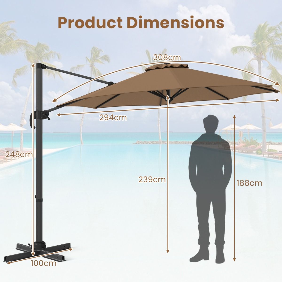Coast Runder Schwebesonnenschirm – 5-fach verstellbar – um 360° drehbar – Aluminiumstange – 308 x 248 cm – braun